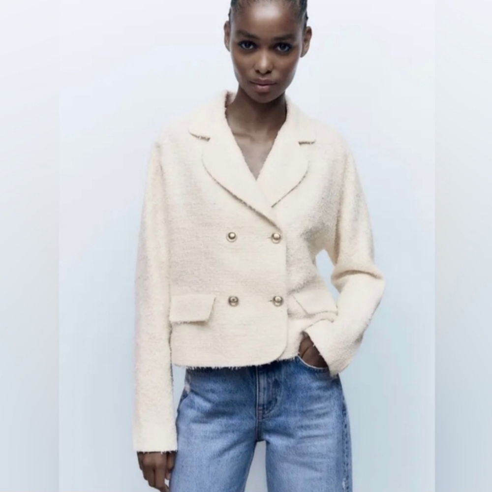 Zara Ivory White Tweed Jacket